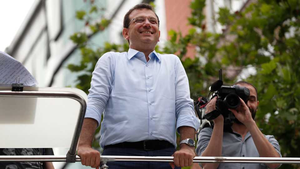 Ekrem Imamoglu, the candidate of opposition Republican People's Party (CHP), talks from atop his campaign bus to supporters during a rally in Istanbul, Wednesday, June 19, 2019, ahead of June 23 re-run of Istanbul elections.