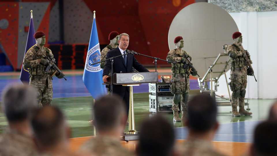 Turkey's Defence Minister Hulusi Akar speaks during a military graduation ceremony in the Turkish capital city of Ankara on June 21, 2019.