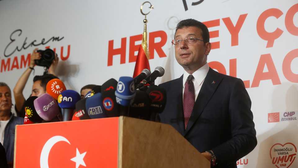 Ekrem Imamoglu delivers a speech during a campaign event in Istanbul.