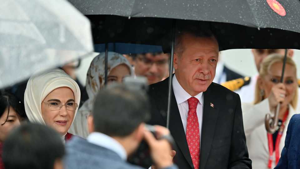 Turkish President Recep Tayyip Erdogan and Emine Erdogan arrive at Kansai airport in Izumisano city, Osaka in Japan ahead of the 2019 G20 summit. June 27, 2019.
