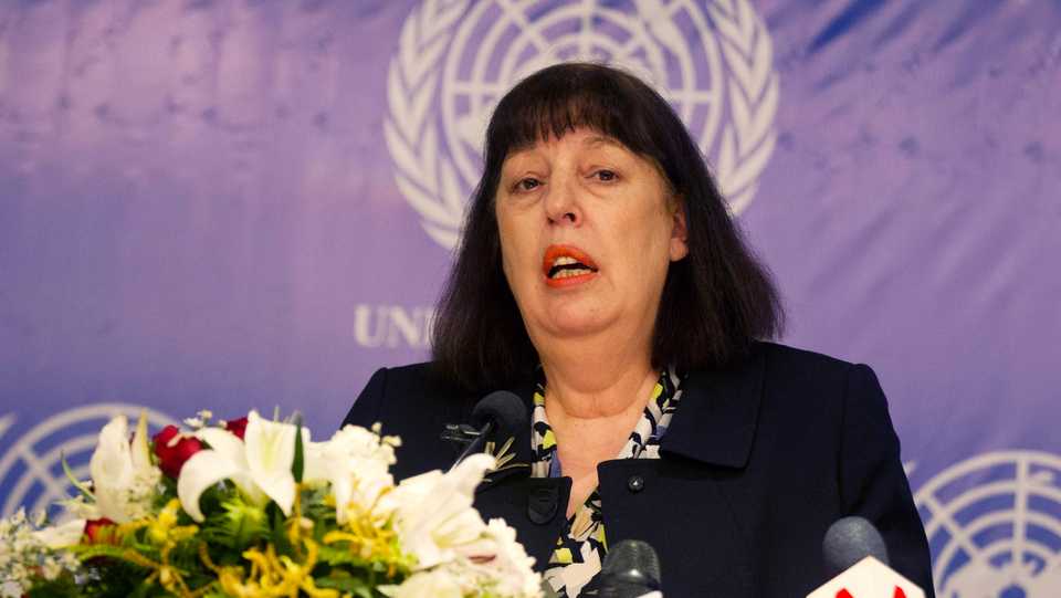 UN special representative Virginia Gamba speaks at a press conference in Yangon, Myanmar on May 29, 2018.