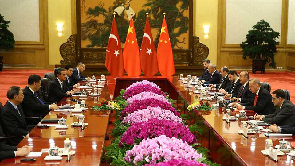 President of Turkey, Recep Tayyip Erdogan (2nd R) and Chinese President Xi Jinping (2nd L) hold an inter-delegation meeting in Beijing, China on July 02, 2019.