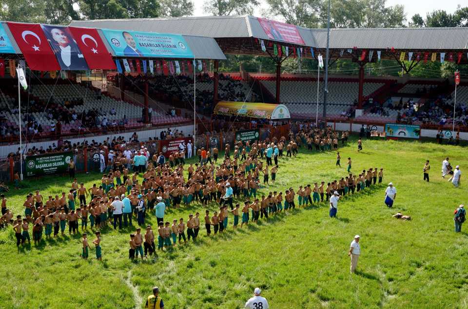 Young wrestlers line up at the historical arena of Turkey's Edirne, Kirkpinar. July 5, 2019.