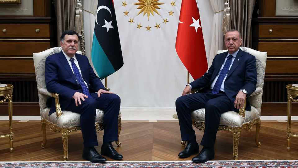 In this file photo, President of Turkey Recep Tayyip Erdogan (R) receives Chairman of the Presidential Council of Libya Fayez al-Sarraj (L) at Presidential Complex in Ankara, Turkey on March 20, 2019.