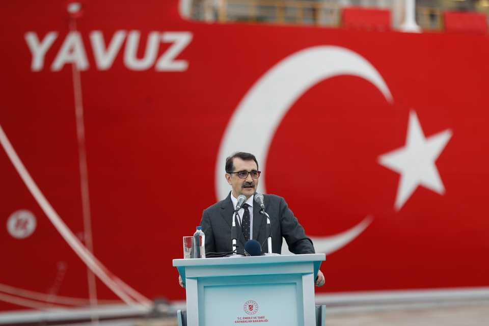 Turkish Energy and Natural Resources Minister Fatih Donmez talks during a ceremony to launch the 230-metre (750-ft) drillship 'Yavuz' to be dispatched to the Mediterranean, at the port of Dilovasi, outside Istanbul on June 20 2019.