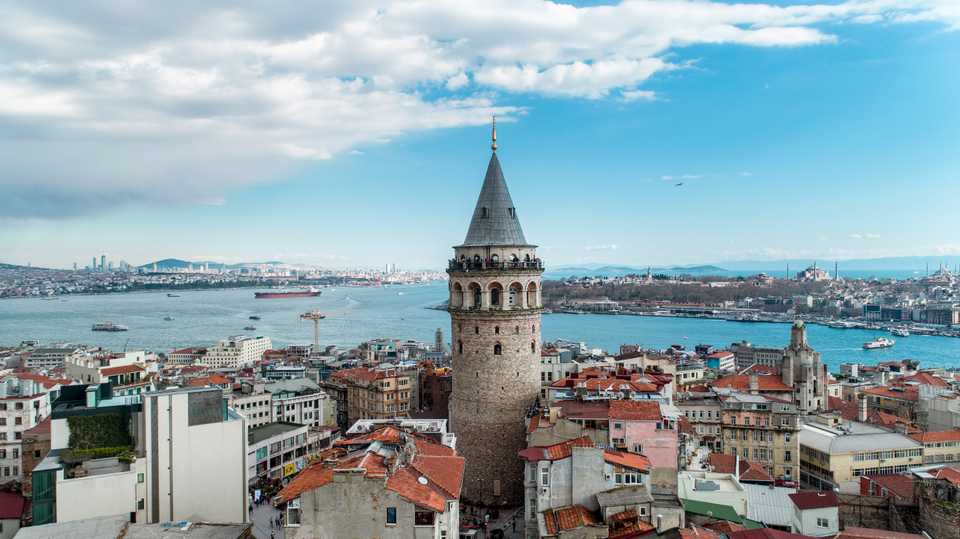 An aerial view of the Galata Tower in Istanbul, Turkey on March 02, 2018.