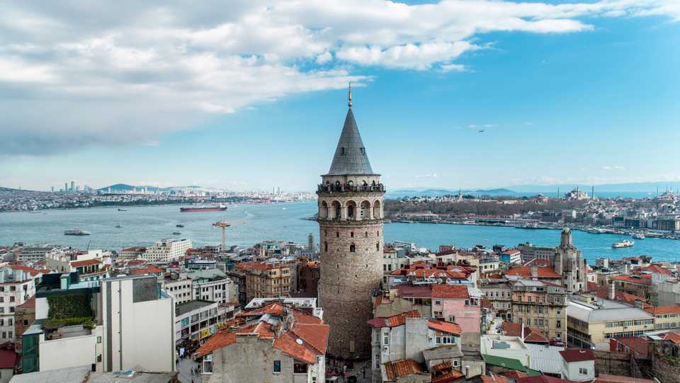 An aerial view of the Galata Tower in Istanbul, Turkey on March 2, 2018.