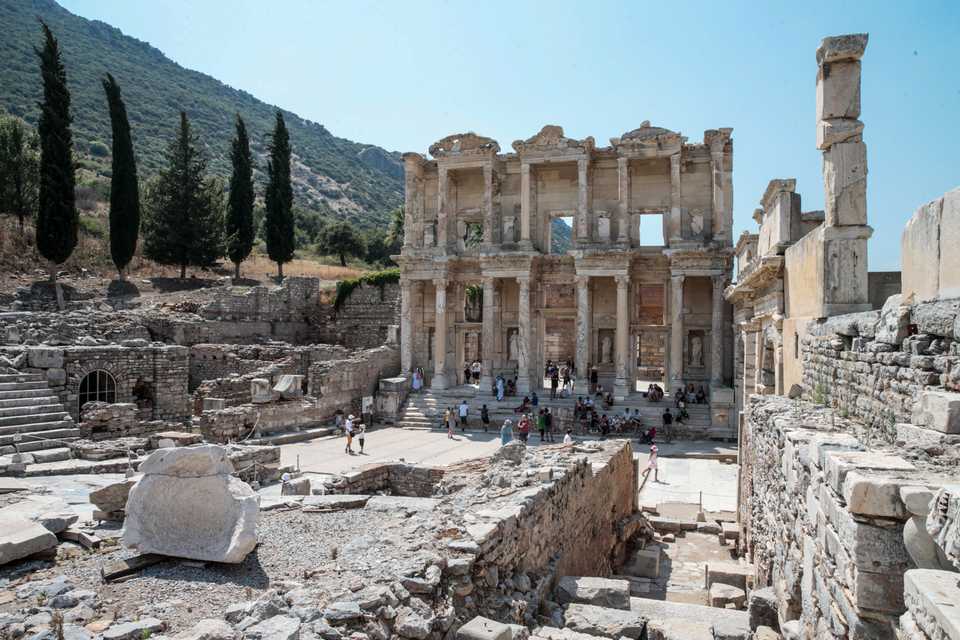 A view of the Celsus Library at Ancient Ephesus City in Izmir, Turkey on July 25, 2018. Celsus Library was built in honour of the Roman Senator Tiberius Julius Celsus Polemaeanus, completed between circa 114–117 A.D. by Celsus' son, Gaius Julius Aquila.