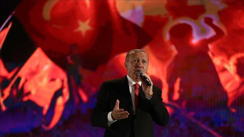 Turkey's President Erdogan speaks at commemorative event on the third anniversary of the July 15 failed coup in Istanbul Ataturk Airport on July 15, 2019.