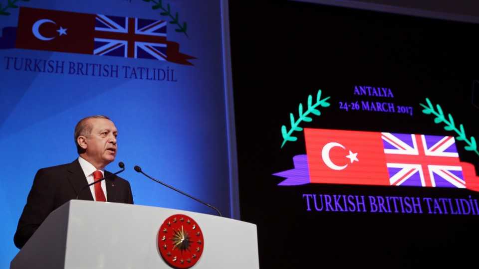 President Erdogan speaks at the Turkish British Tatlıdil Forum in Turkey's southern province of Antalya on March 25, 2017.