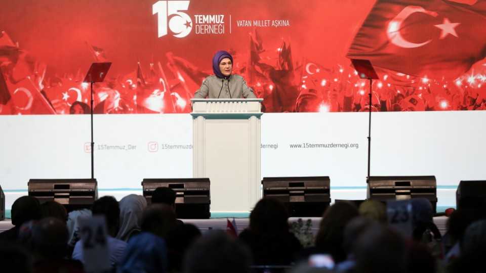 Turkey's First Lady Emine Erdogan speaks to the families of those killed in the coup attempt at a special event organised by the July 15 Foundation, in the southern Turkish province of Antalya on March 25, 2017.