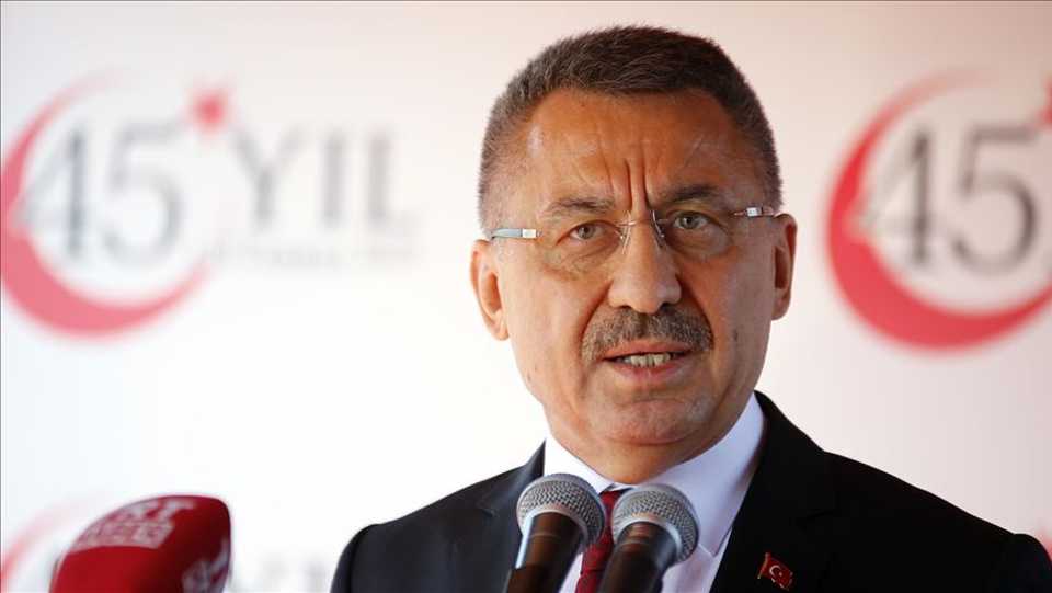 Turkish Vice President Fuat Oktay speaks during a ceremony marking the 45th anniversary of Turkey's Peace Operation on the island of Cyprus.