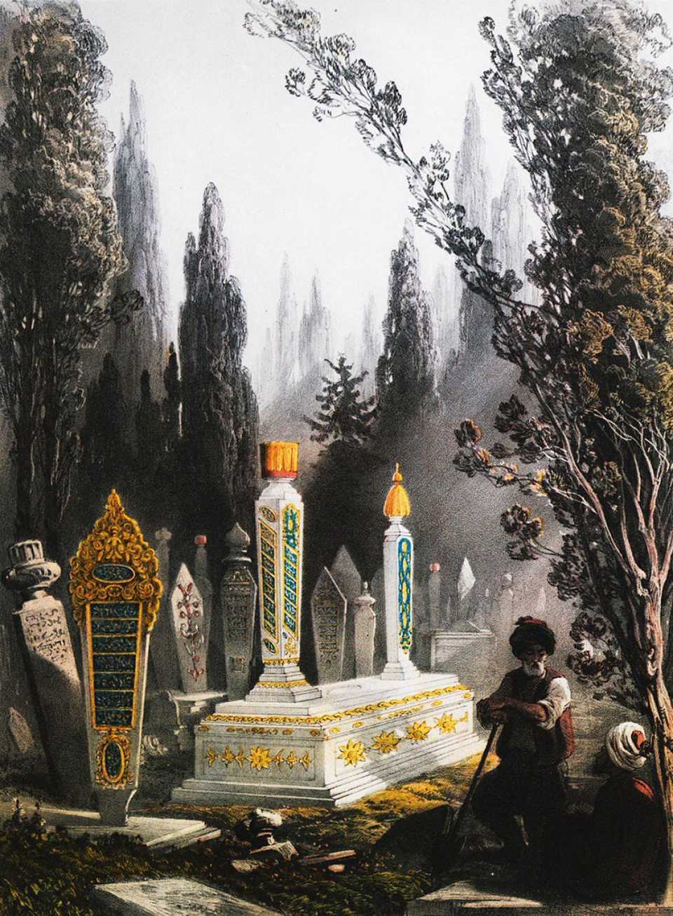 A painting of the Karacaahmet cemetery in Istanbul's Uskudar, 17th century.