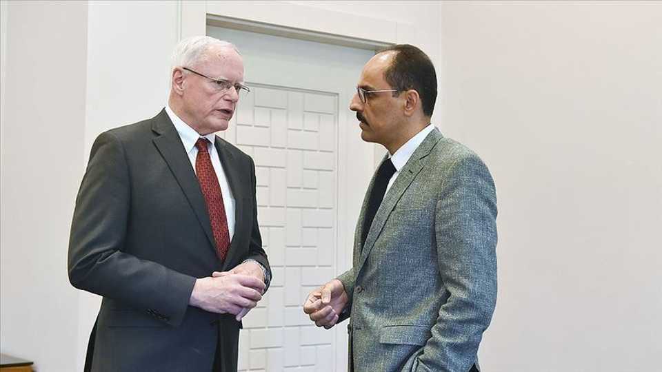 The Manbij road map, a long-awaited committee to revise Syria’s constitution, and a political solution to Syria crisis ensuring the territorial integrity of the war-torn country were among the issues of the meeting between US envoy to Syria James Jeffrey (L) and Turkey’s presidential spokesman Ibrahim Kalin (R).