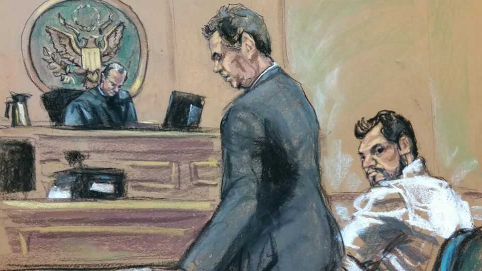Mehmet Hakan Atilla (R), a deputy general manager of Halkbank, is shown in this courtroom sketch with his attorney Gerald J DiChiara inside a Manhattan federal court in New York, US. March 28, 2017.