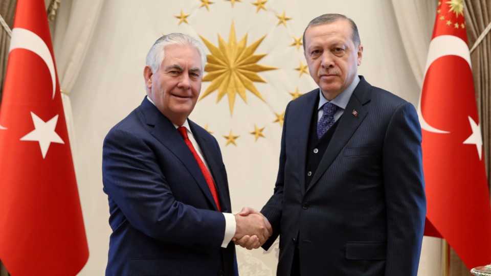 US Secretary of State Rex Tillerson (L) in Ankara with Turkey's President Recep Tayyip Erdogan on March 30, 2017.