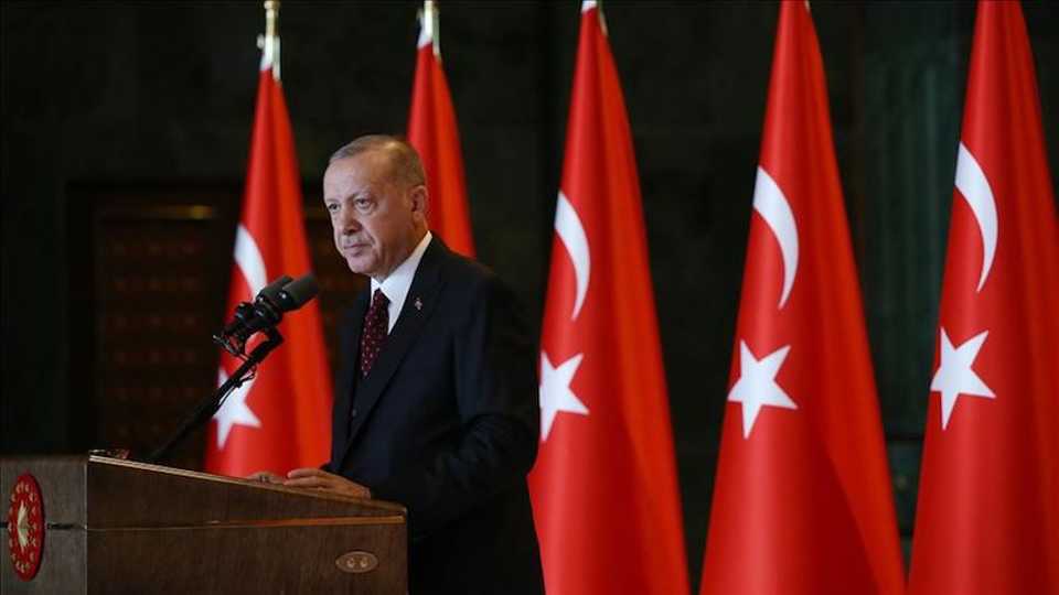 Turkey's President Erdogan addresses Turkish ambassadors in Ankara, Turkey on August 6, 2019.