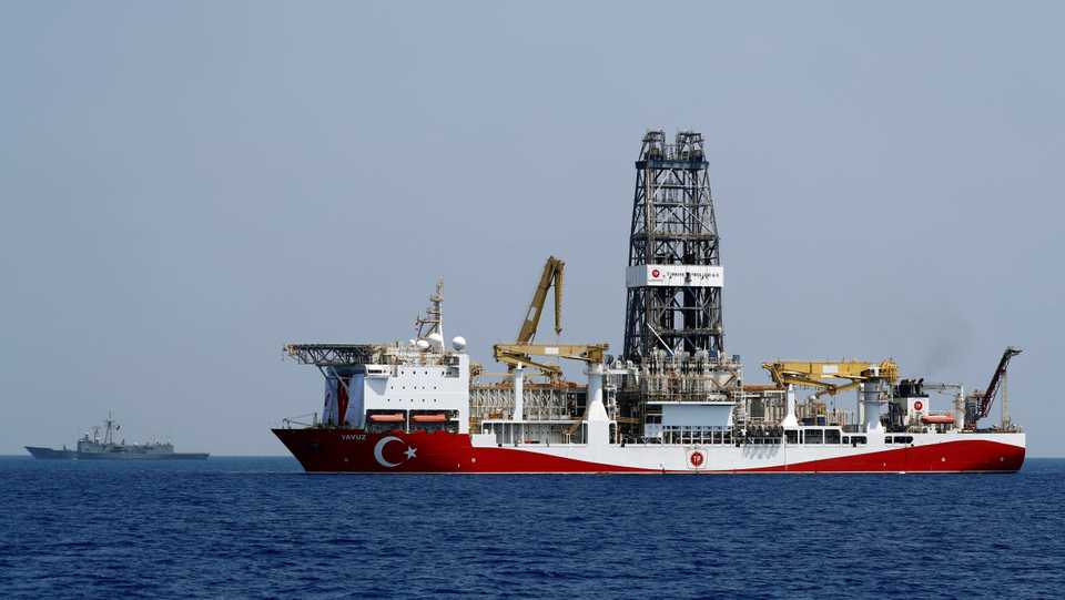 Turkish drilling vessel Yavuz is escorted by Turkish navy frigate TCG Gemlik (F-492) in the eastern Mediterranean Sea off Cyprus. August 6, 2019.