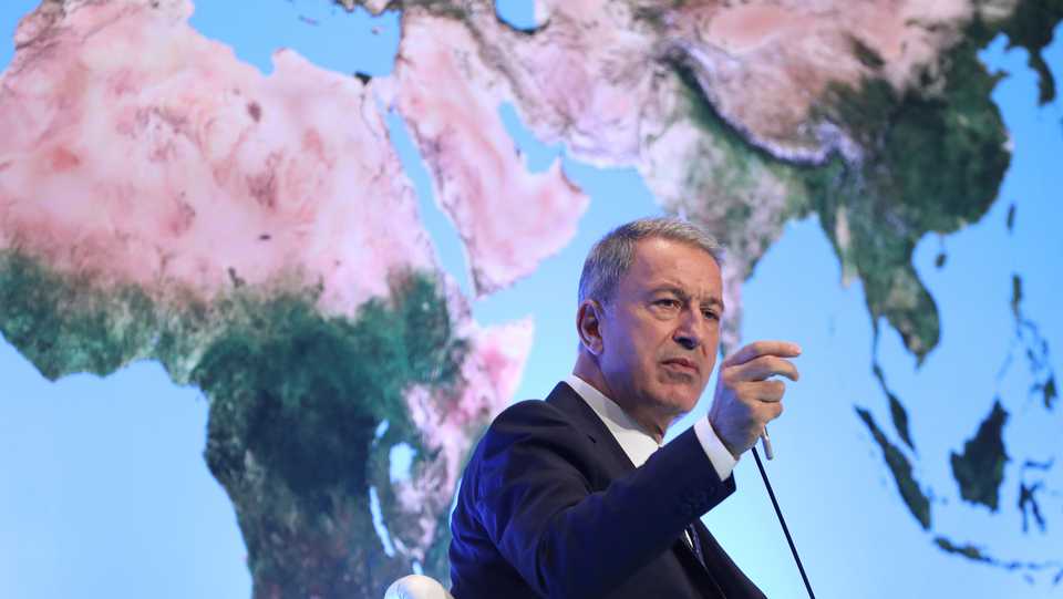 Turkey's Defence Minister Hulusi Akar addresses a meeting of his country's ambassadors, in Ankara, Turkey. August 7, 2019