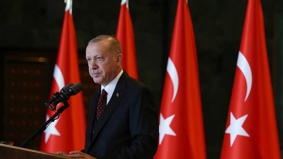 Turkey's President Recep Tayyip Erdogan addresses his country's ambassadors in Ankara, Turkey, Tuesday, Aug. 6, 2019.