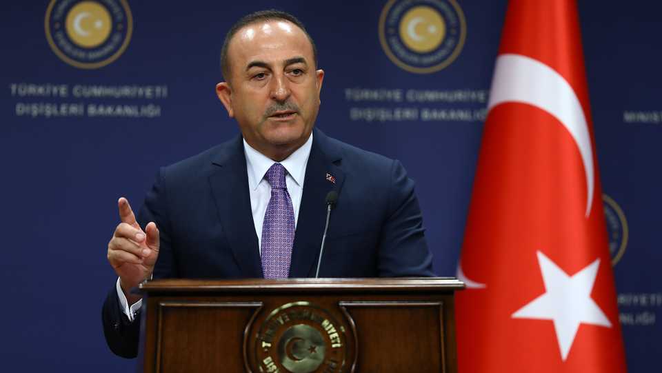 Turkish Foreign Minister Mevlut Cavusoglu holds a press conference in Ankara, Turkey on August 15, 2019.