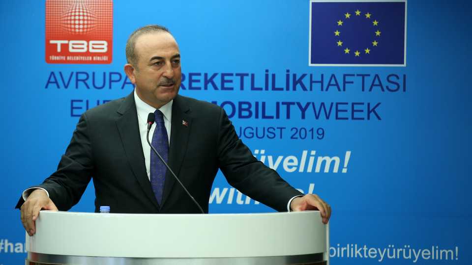 Turkish Foreign Minister Mevlut Cavusoglu makes a speech as he participates in The European Mobility Week 2019 Campaign Information Day, in Ankara, Turkey on August 21, 2019.