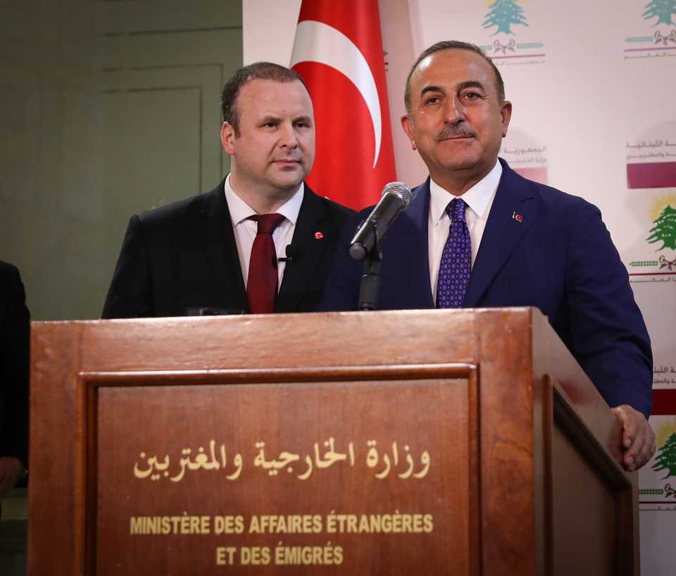 Turkey's minister of Foreign Affairs, Mevlut Cavusoglu (R), speaks during a joint press conference held with Lebanon's minister of Foreign Affairs, Gebran Bassil (not seen), in Beirut, Lebanon on August 23, 2019.