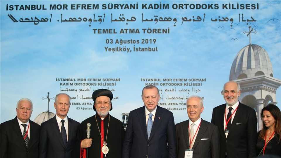 President of Turkey, Recep Tayyip Erdogan (4th R) attends the groundbreaking ceremony of Saint Ephraim Syriac Orthodox Church in Istanbul, Turkey on August 03, 2019. The Syriac Orthodox Church’s metropolitan for Istanbul and the capital Ankara, Yusuf Cetin (4th L) also attended the ceremony.