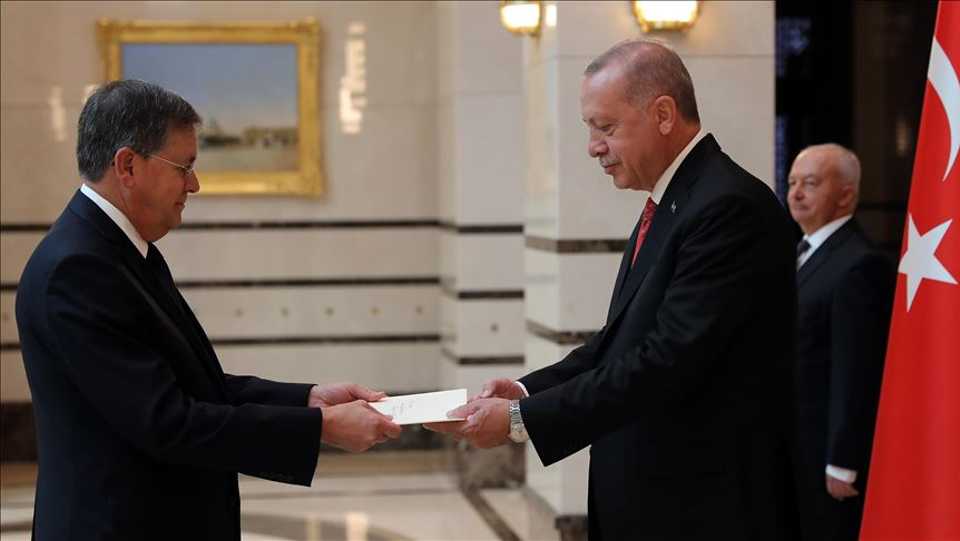 US Ambassador David Michael Satterfield is seen presenting his letter of credentials to Turkish President Recep Tayyip Erdogan on August 28, 2019.