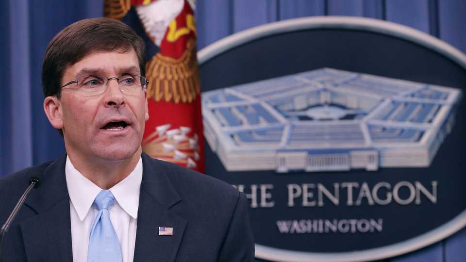 US Secretary of Defense Mark Esper holds a media briefing at the Pentagon August 28, 2019 in Arlington, Virginia.
