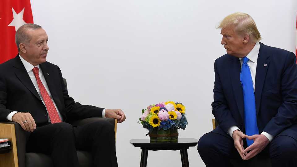 Turkish President Recep Tayyip Erdogan his American counterpart Donald Trump with during a meeting on the sidelines of the G-20 summit in Osaka, Japan, Saturday, June 29, 2019.