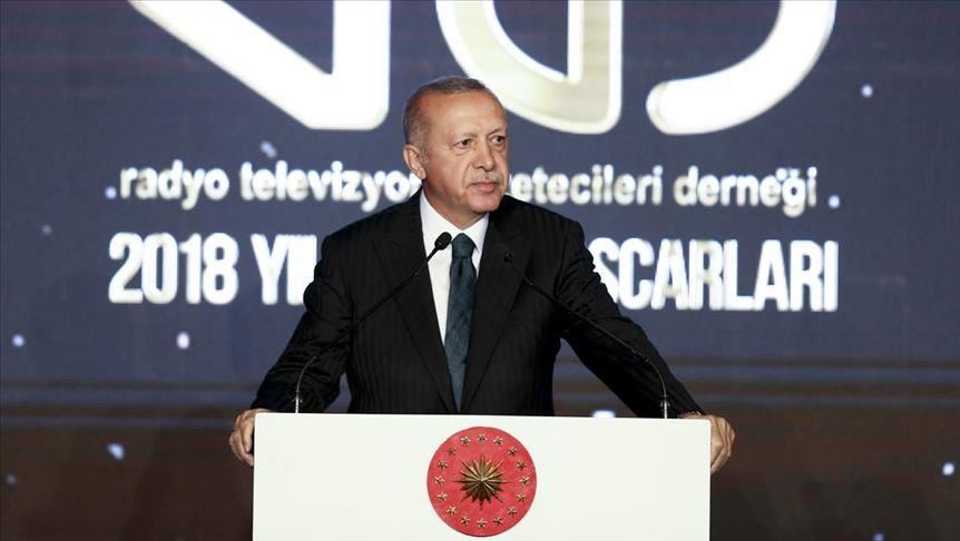 Turkish President Recep Tayyip Erdogan addresses a journalism award ceremony in capital Ankara on August 19, 2019..