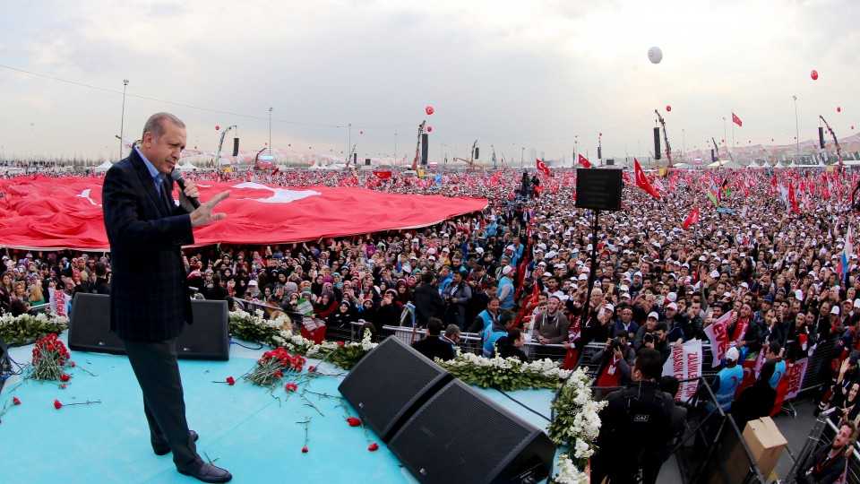 Erdogan arrived by helicopter to the cheers of a sea of jubilant supporters.