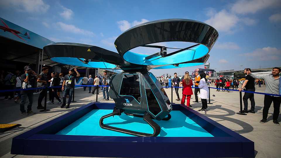 A Cezeri Flying Car is exhibited at Teknofest Istanbul at Ataturk Airport. September 17, 2019.