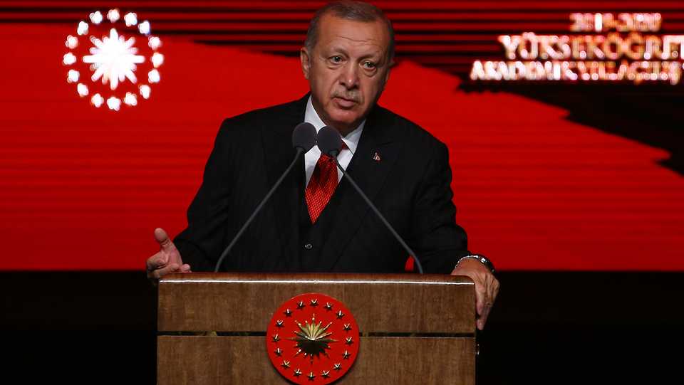 Turkish President Recep Tayyip Erdogan speaks during the opening ceremony of 2019-2020 academic year for higher education at Bestepe National Congress and Culture Center in Ankara, Turkey on September 18, 2019.