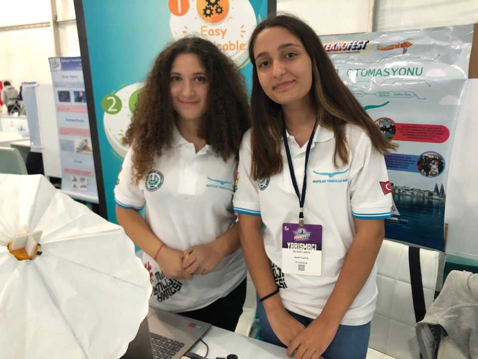Gulseren Yilmaz (L) and her teammate Selenay Arica representing Martilar Teknoloji Takimi (Seagulls Technology Team) from Marmaris, Mugla.
