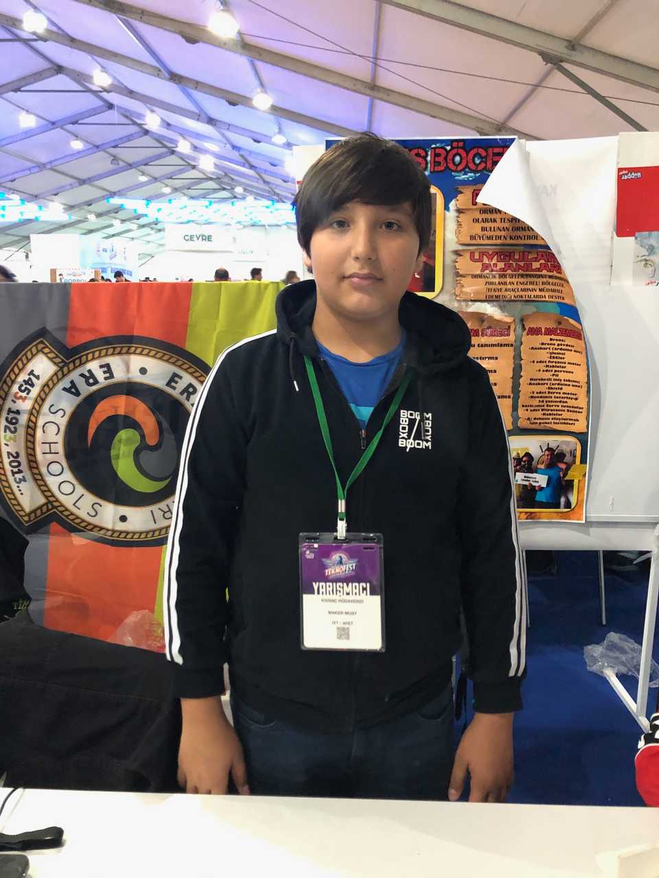 Kivanc Hudaverdi, 12, a student at Era Koleji Gaziosmanpasa (Istanbul) was representing the Maker Must team. His team worked a project to put out forest fires without human intervention via drones.