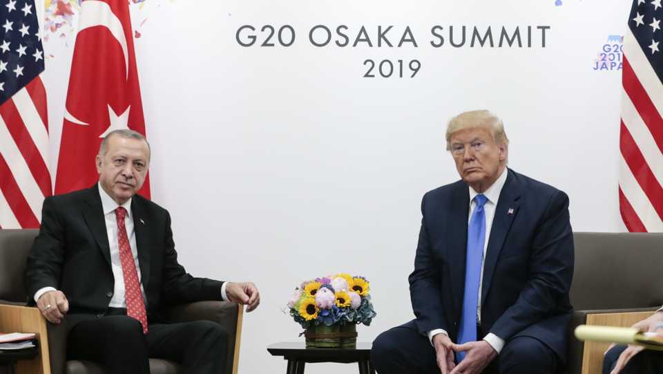 Turkish President Recep Tayyip Erdogan (L) holds a meeting with US President Donald Trump (R) on the second day of the G20 Summit at INTEX Osaka Exhibition Center in Osaka, Japan on June 29, 2019.