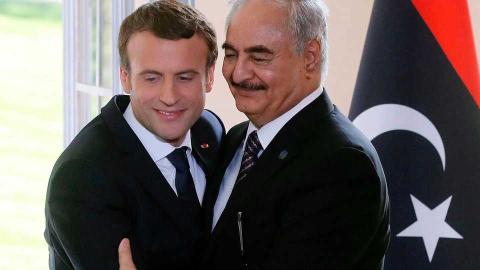 French President Emmanuel Macron and Libyan warlord Khalifa Haftar in 2017.