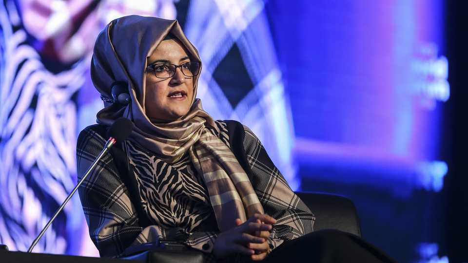 The fiancee of murdered Saudi journalist Jamal Khashoggi, Hatice Cengiz, speaks at the TRT World Forum 2019 on October 22, 2019.
