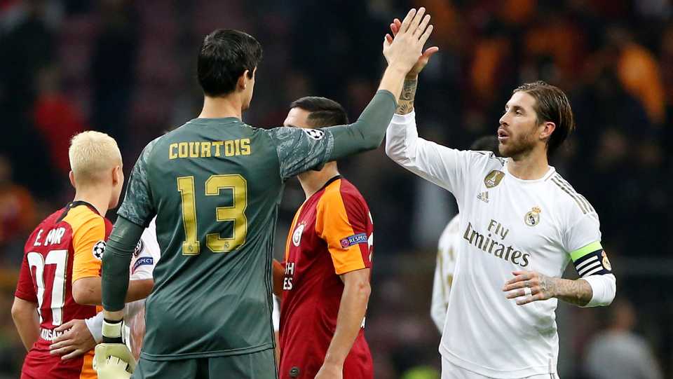 Real Madrid's Sergio Ramos and Thibaut Courtois after the match at the Turk Telekom Stadium in Istanbul, Turkey on October 22, 2019.