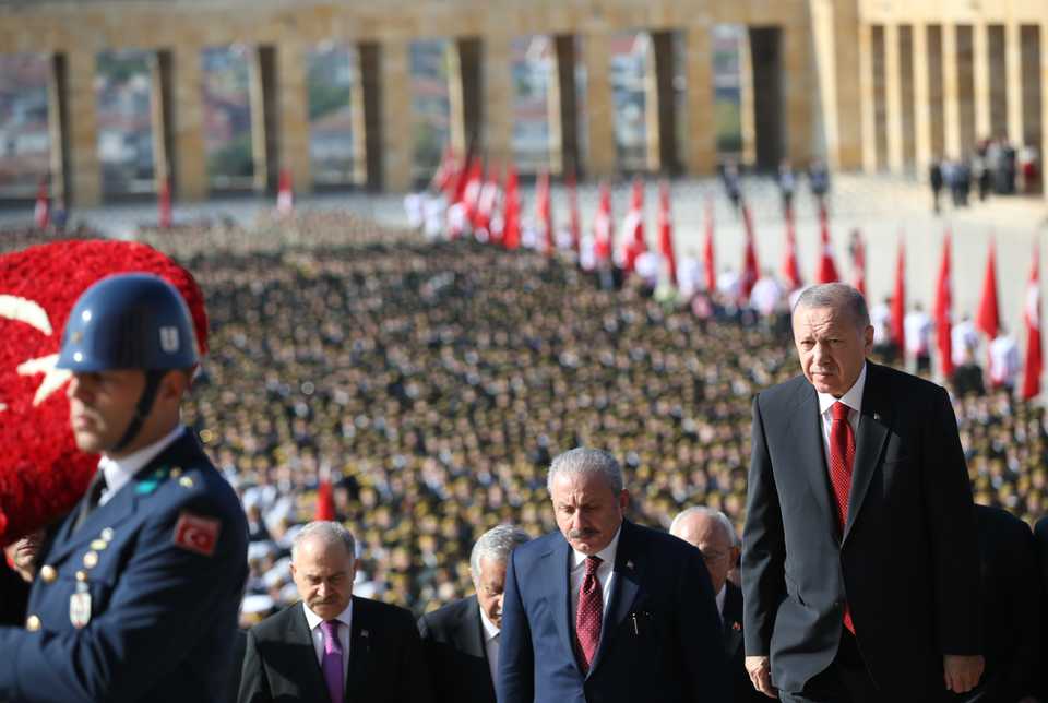 President of Turkey, Recep Tayyip Erdogan and high state officials visit Anitkabir, mausoleum of Mustafa Kemal Ataturk, founder of Turkish Republic, as part of 96th Republic Day commemorations, on October 29, 2019 in Ankara, Turkey.