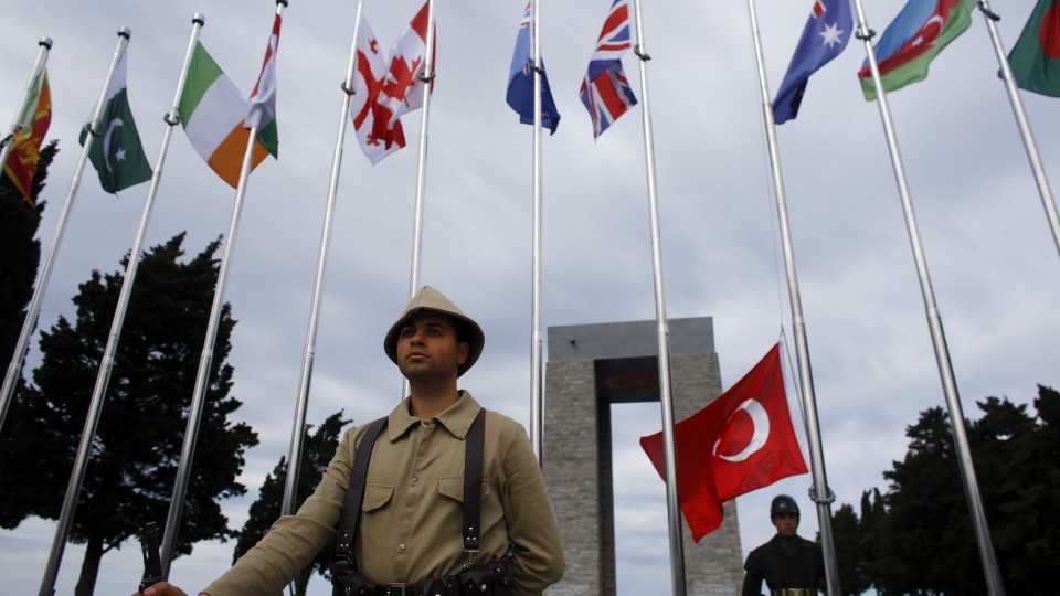 A Turkish soldier in historical uniform stands at the Turkish memorial during an international service marking the 102nd anniversary of the WWI battle of Gallipoli at the Turkish memorial in the Gallipoli peninsula in Canakkale, Turkey, April 24, 2017.