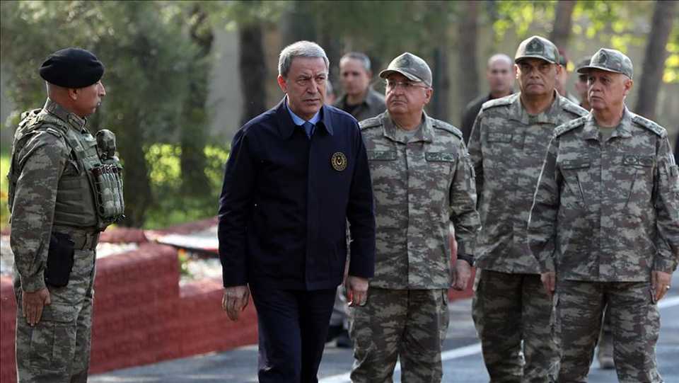 Turkish National Defence Minister Hulusi Akar (2nd L) along with Turkish Chief of General Staff Gen. Yasar Guler and Turkish Land Forces Commander Umit Dundar inspect border units in Sanliurfa, Turkey on October 31, 2019.