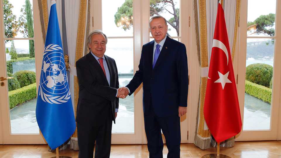 Turkish President Recep Tayyip Erdogan, right, and United Nations Secretary-General Antonio Guterres shake hands before a meeting, in Istanbul, Friday, Nov. 1, 2019.