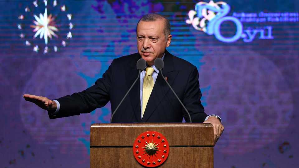 President of Turkey Recep Tayyip Erdogan makes a speech during the ceremony marking 70th anniversary of foundation of Ankara University’s Theology Faculty at the Bestepe National Congress and Culture Center in Ankara, Turkey on November 6, 2019.