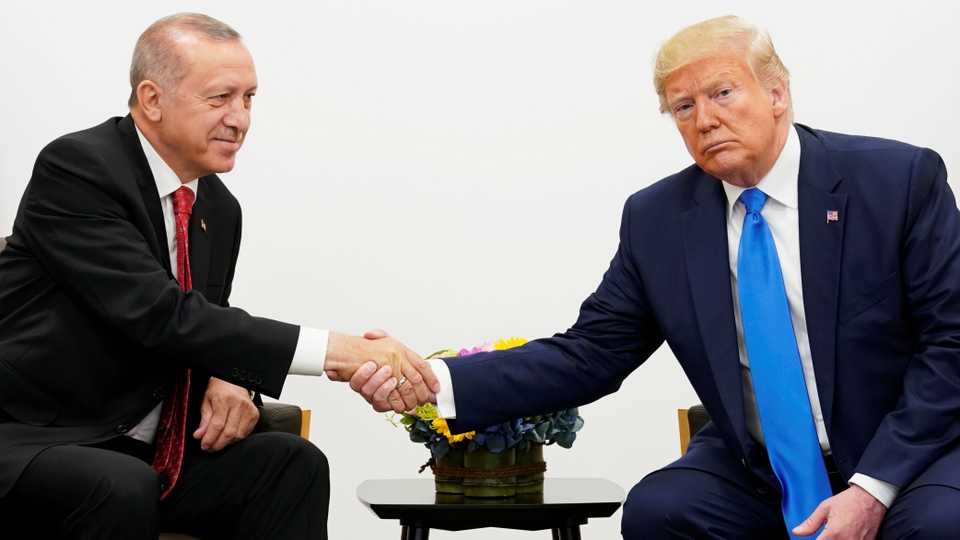 US President Donald Trump with Turkey's President Recep Tayyip Erdogan at a bilateral meeting during the G20 Summit in Osaka, Japan. June 29, 2019.