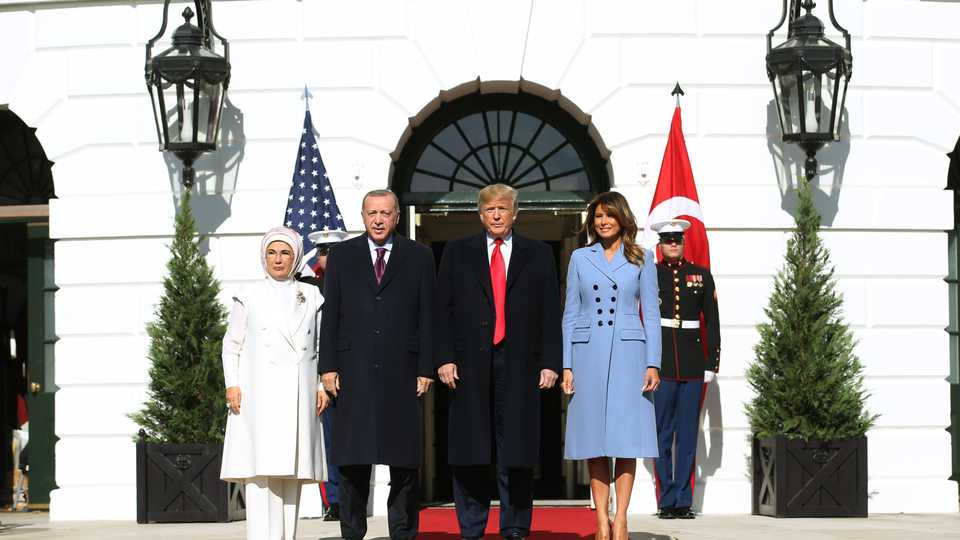 President of Turkey Recep Tayyip Erdogan (2nd L) and his wife Emine Erdogan (L) are welcomed by US President Donald Trump (2nd R) and his wife Melania Trump (R) at the White House in Washington, United States on November 13, 2019.