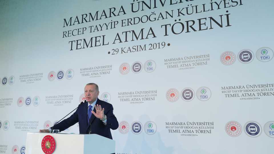 Turkish President Recep Tayyip Erdogan delivers a speech during the groundbreaking ceremony of Recep Tayyip Erdogan Complex at Marmara University in Istanbul, Turkey on November 29, 2019.