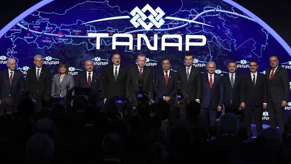 President of Turkey Recep Tayyip Erdogan, centre, and Azerbaijani President Ilham Aliyev (fifth from left) attended the opening ceremony of the TANAP-Europe connection in Ipsala district of Edirne, Turkey on November 30, 2019.